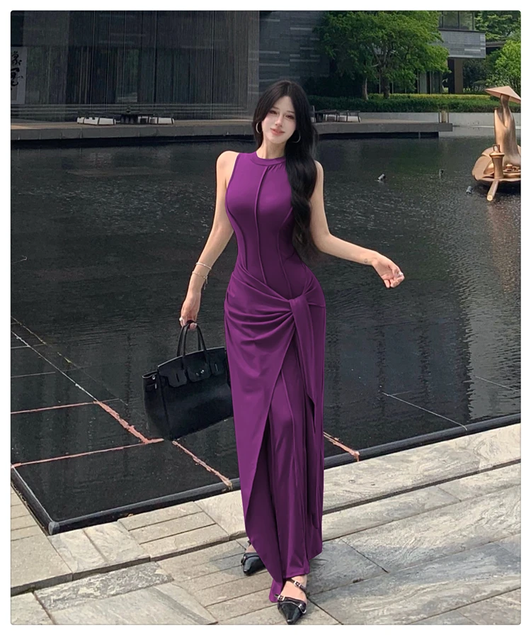 Coreano estate viola girocollo fasciatura gilet abito lungo donna nero grigio senza maniche festival abito avvolgente sottile abito casual nuovo