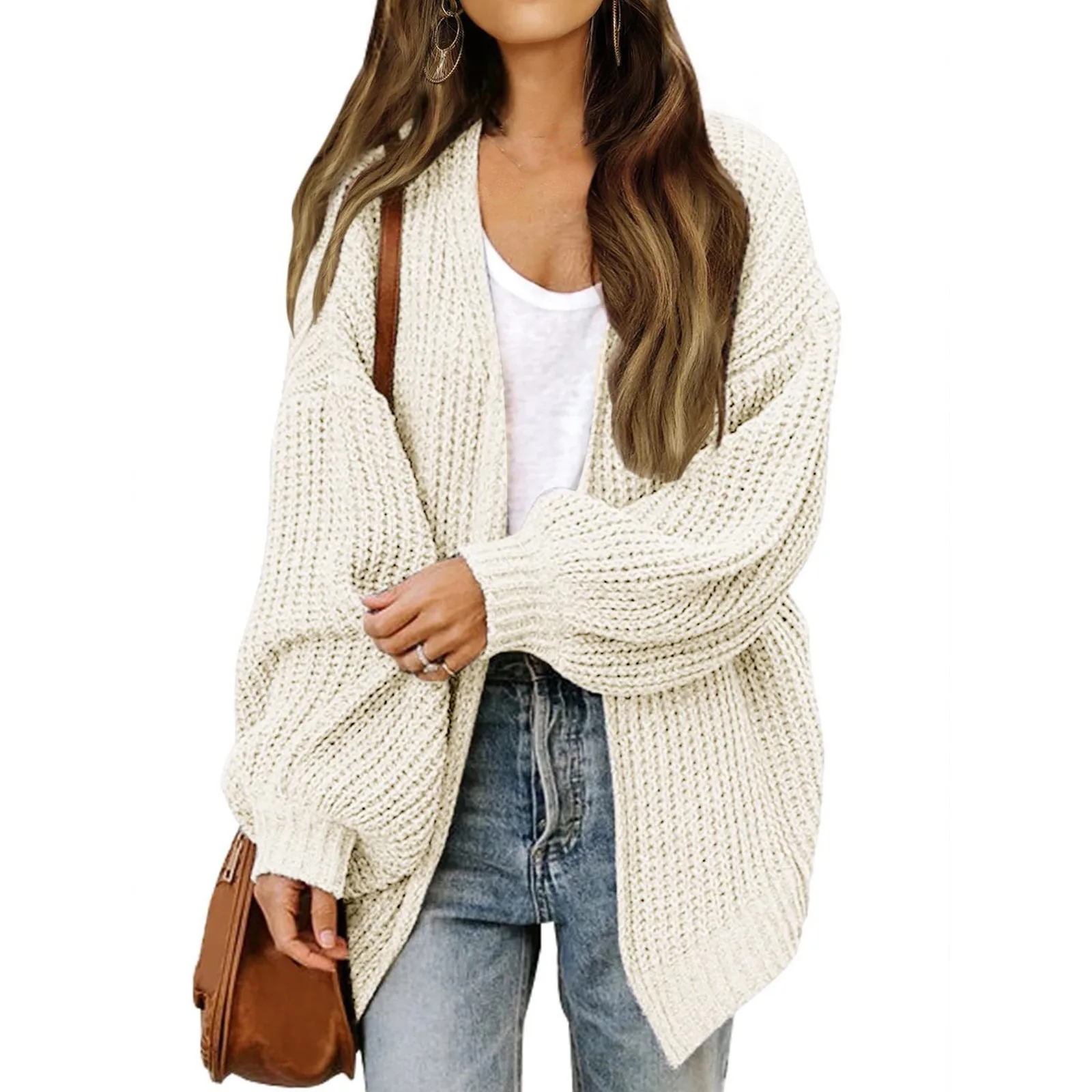 Basic Solid Color  Sleeve Coarse Wool Pocket Knitted Cardigan Sweater For Women Fashion Simple Versatile Sweater