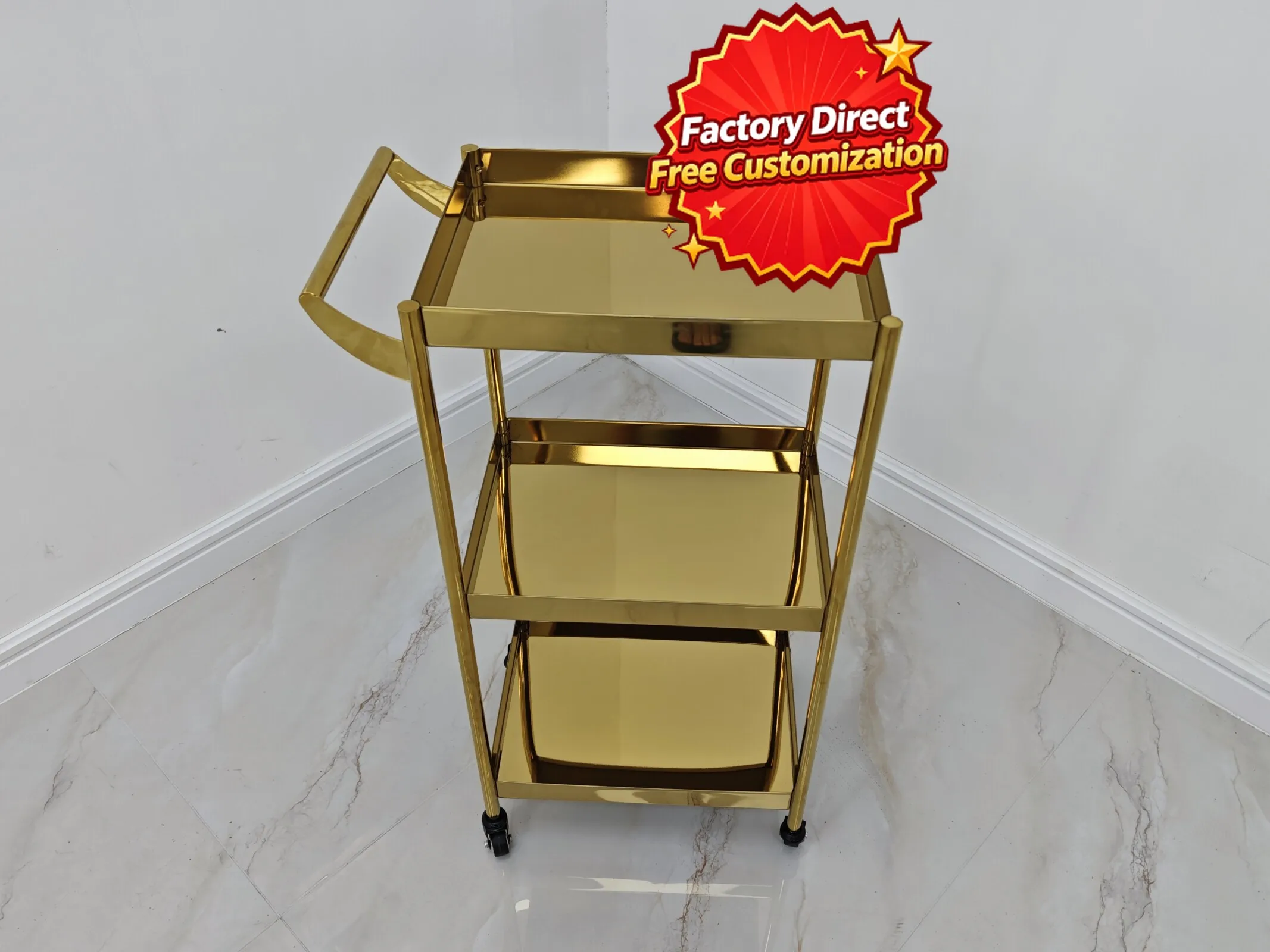 Luxury Gold Salon Trolley, 3-Tier Stainless Steel Rolling Cart with Handle for Beauty Spa Barber Shop