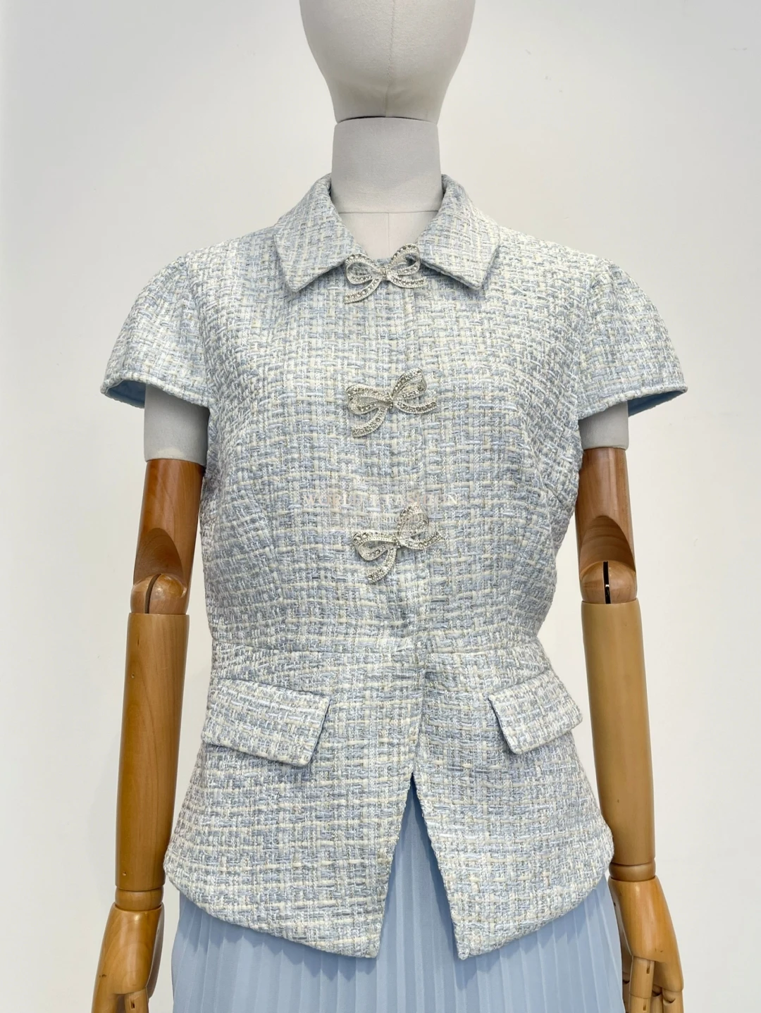 

2025 New Blue Tweed Short Sleeve Lapel Bow Midi Dress