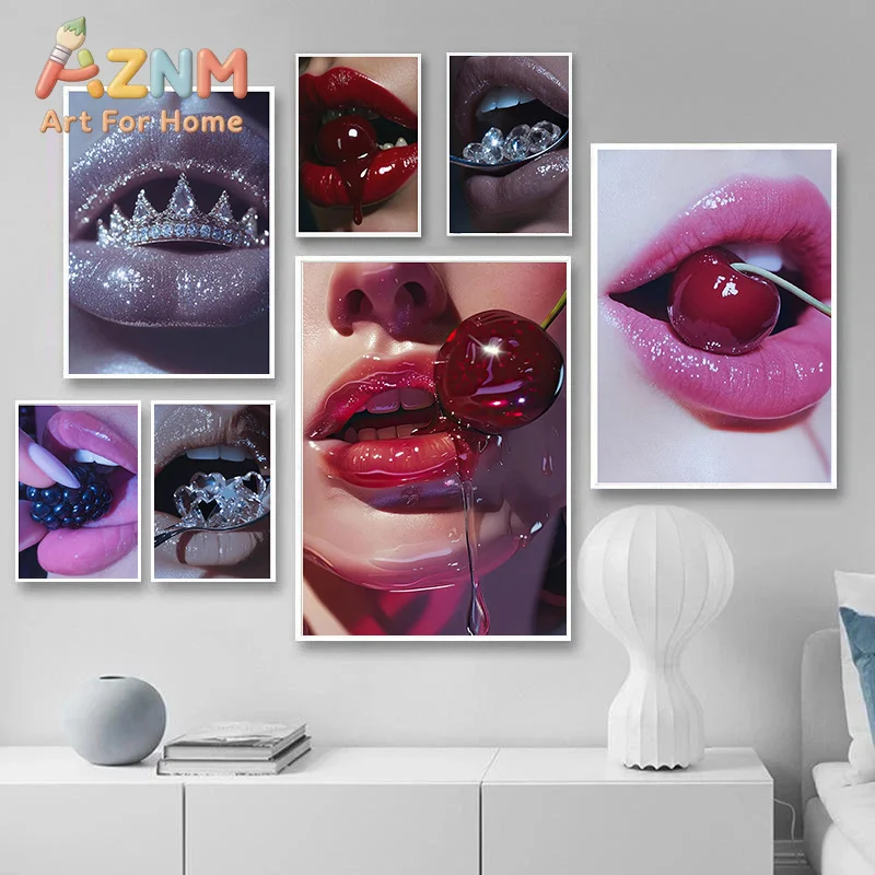 Retro Sexy Temptation Charming Girl Lips Art Poster Canvas Printing Beauty Shop Bar Cafe Jewelry Store Wall Decoration Painti