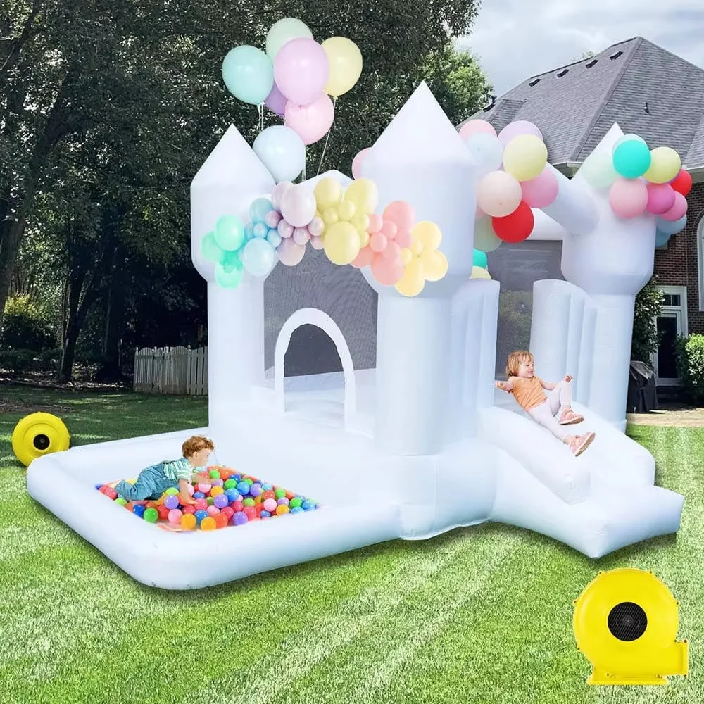 

Toddlers Party Inflatable White Bounce House With Slide And Ball Pit Bouncy Castle Include Blower for Wedding Birthday