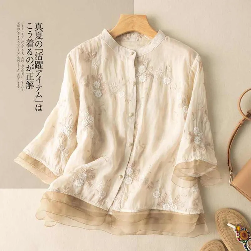 

2023 Summer New Arts Style Women 3/4 Sleeve Stand Collar Loose Shirt Embroidery Flower Single Breasted Vintage Blouse Tops C926