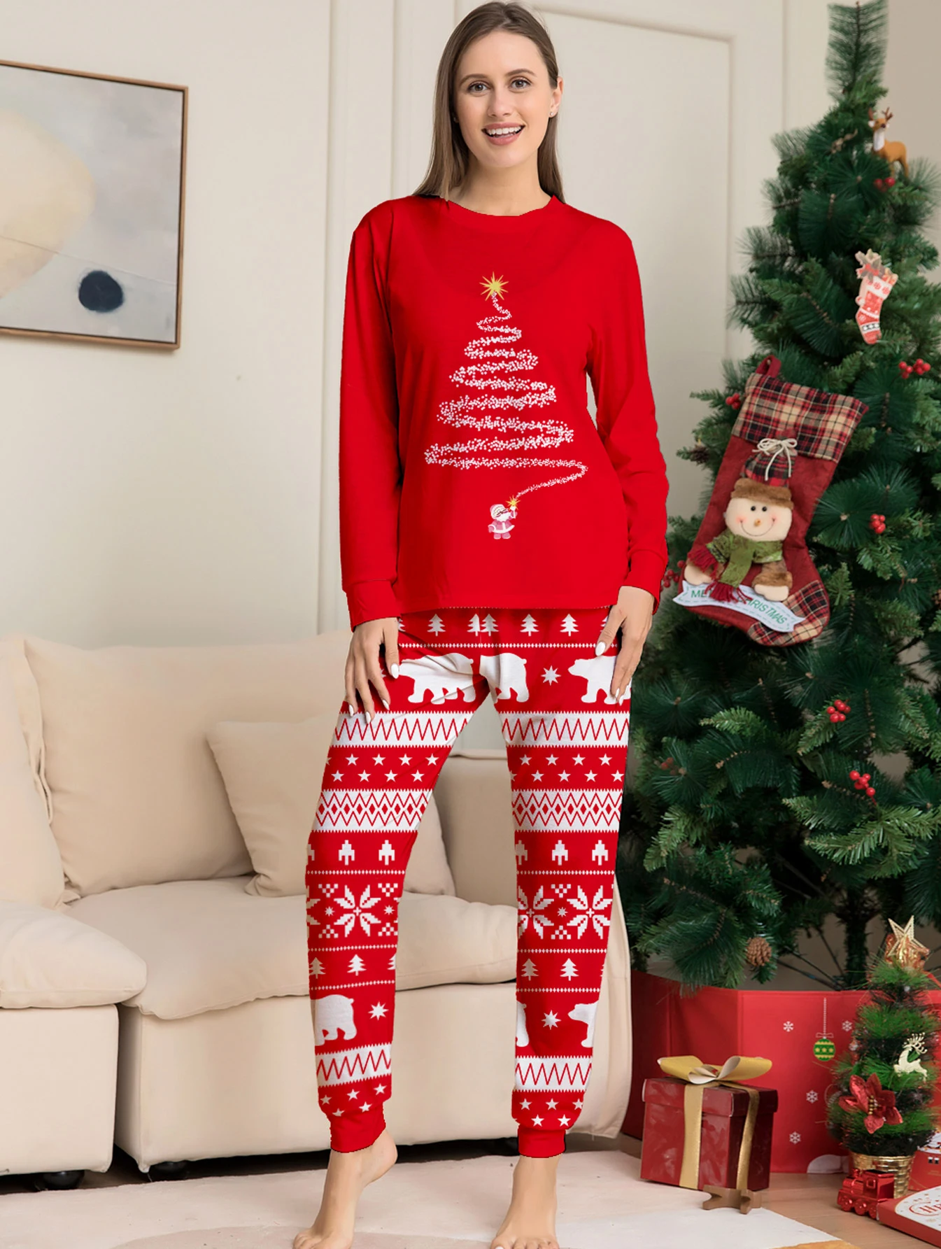 Couple Matching Christmas Pajamas Set Long Sleeve Red with Christmas Tree Polar Bear Print Sleepwear