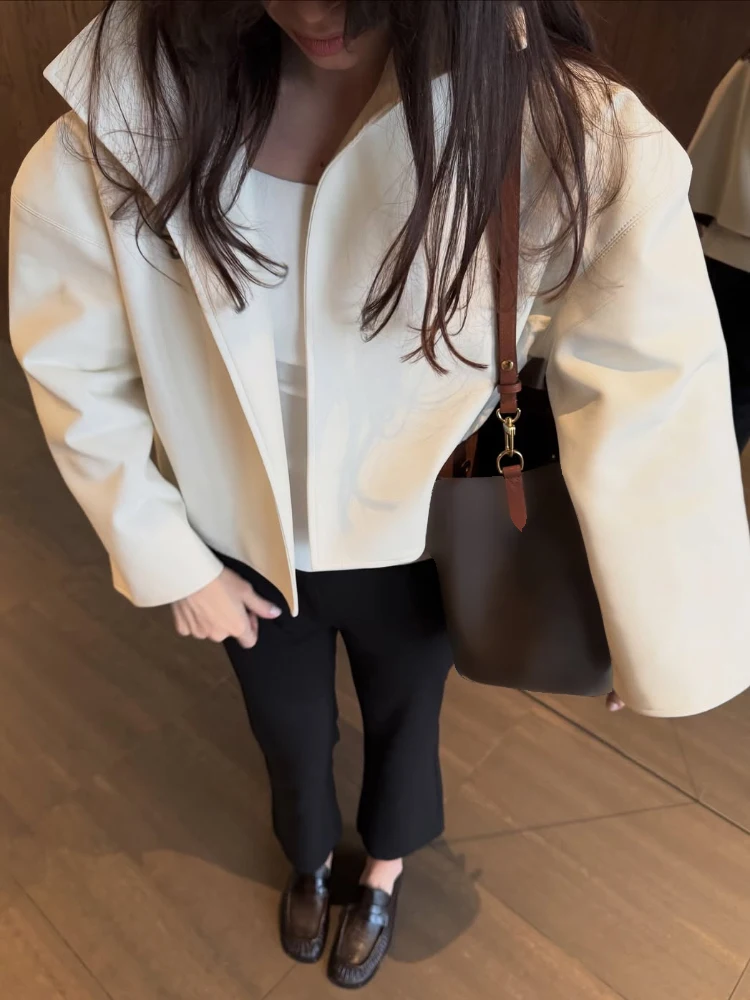 Beige Croc Leather Cropped Jacket Y2k Stand Collar Long Sleeve Wide Cuff Oversize Coat 2026 Autumn Street Daily Casual Outerwear