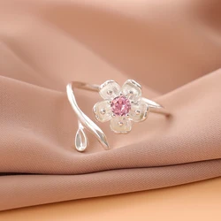 New Fashion Temperament 925 Sterling Silver Jewelry Personality Pink Crystal Flowers Female Opening Rings R380
