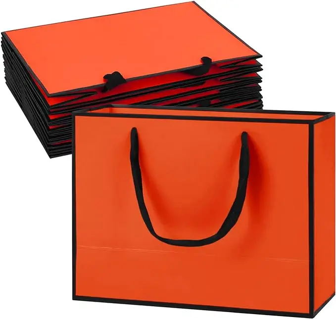 10Pcs Cardboard Paper Shopping Handbag Gift Packing Bags Portable Orange Wrapping Tote With Handles Sundries Storage Pouch