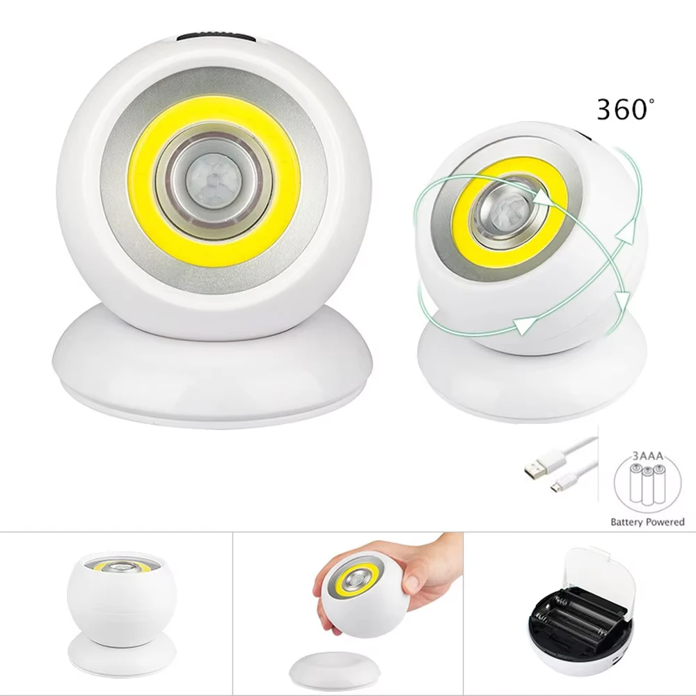 360 ° 회전 COB 볼 라이트 PIR 모션 센서 LED 야간 조명, USB 배터리 전원 자석 벽 램프, 침실 욕실 주방 