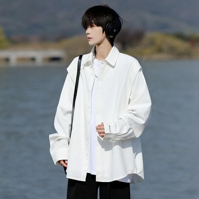 

Trendy brand solid color high-end fake two-piece long sleeved shirt for men and women, loose and trendy versatile, hanging casua