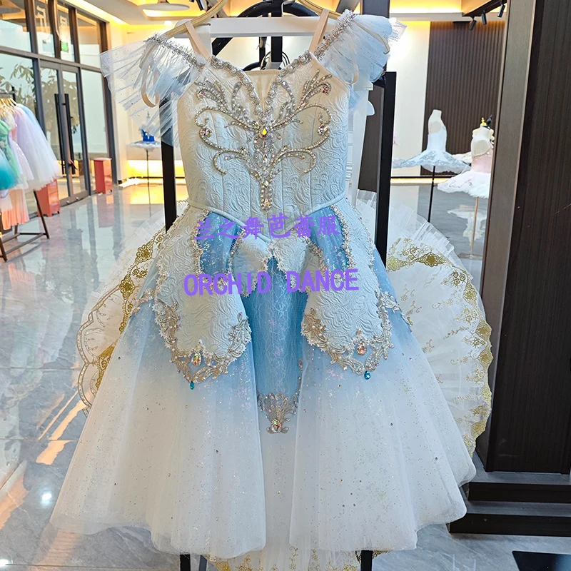Women white blue gradient V-neck tulle flutter sleeve corset tutu ballet costume gilded scroll colorful gem rhinestone embroider