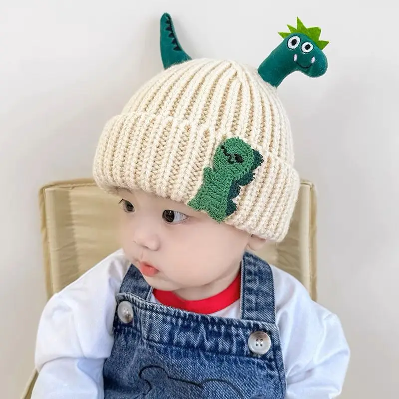 Cute Dinosaur Baby Knitted Hat Winter Warm Children Beanies Thicken Woolen Kids Crochet Bonnet 1-5 Years Boys Girls Pullover Cap