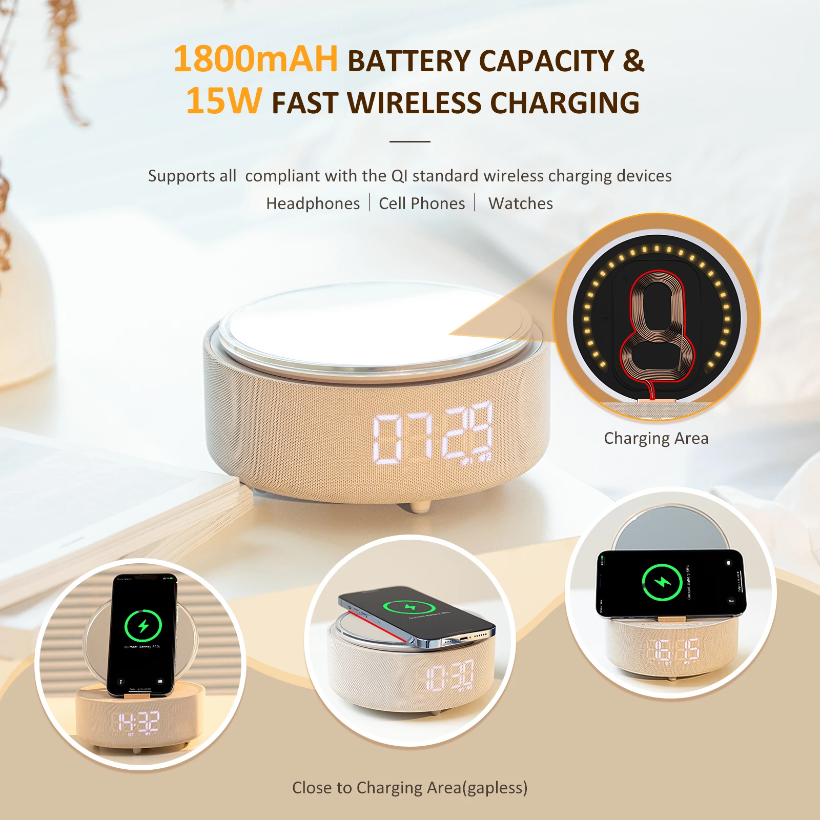 Digital Alarm Clock with Bluetooth Speaker Vanity Mirror for IPhone 14 13 12  Fast Wireless Charger Dimmable LED Display