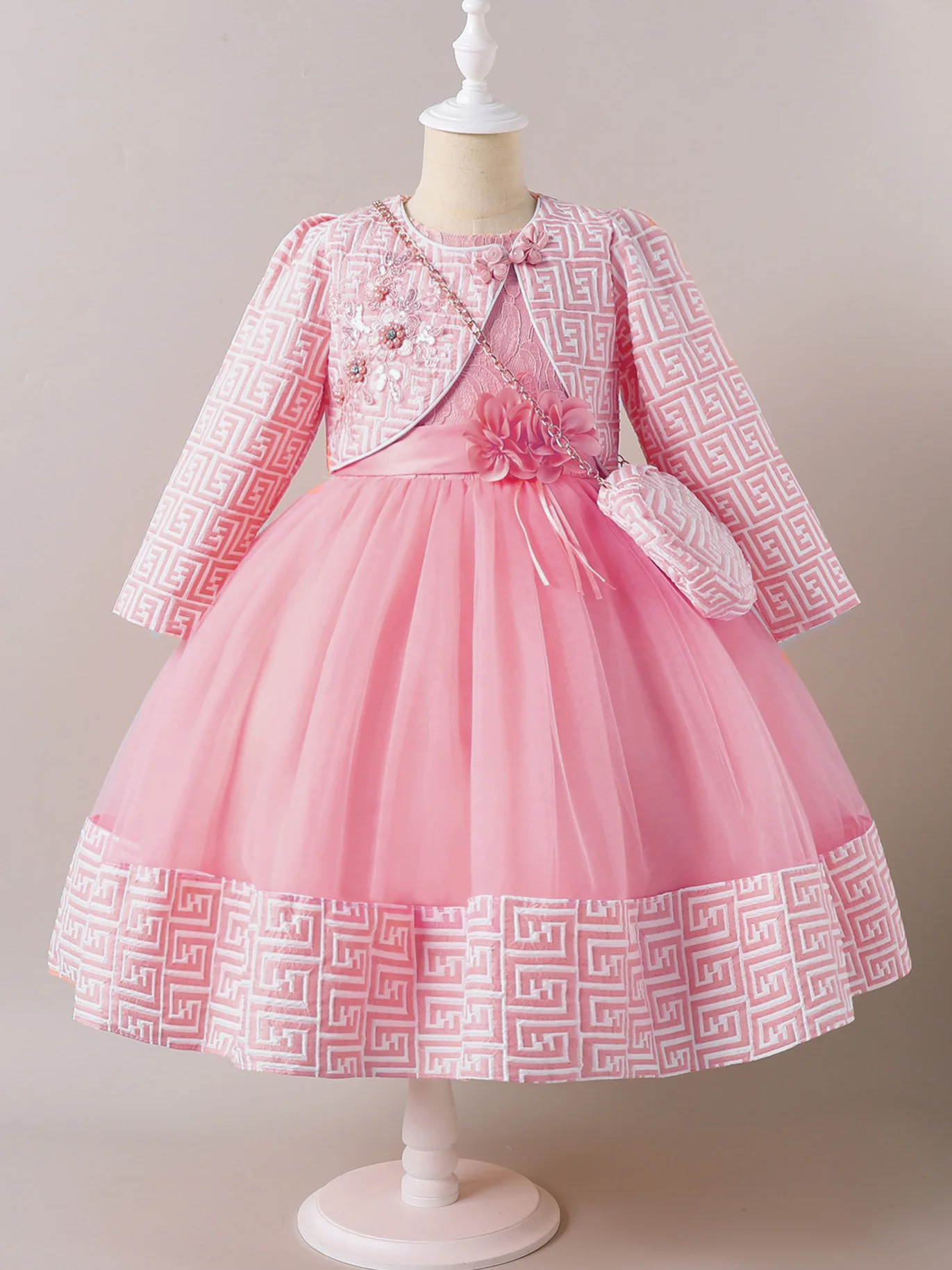 Girls' Formal Dresses with Bag Long Sleeve Girl Festive Dress 3 PCS Set Children' Birthday Clothes 4 to 10 Years