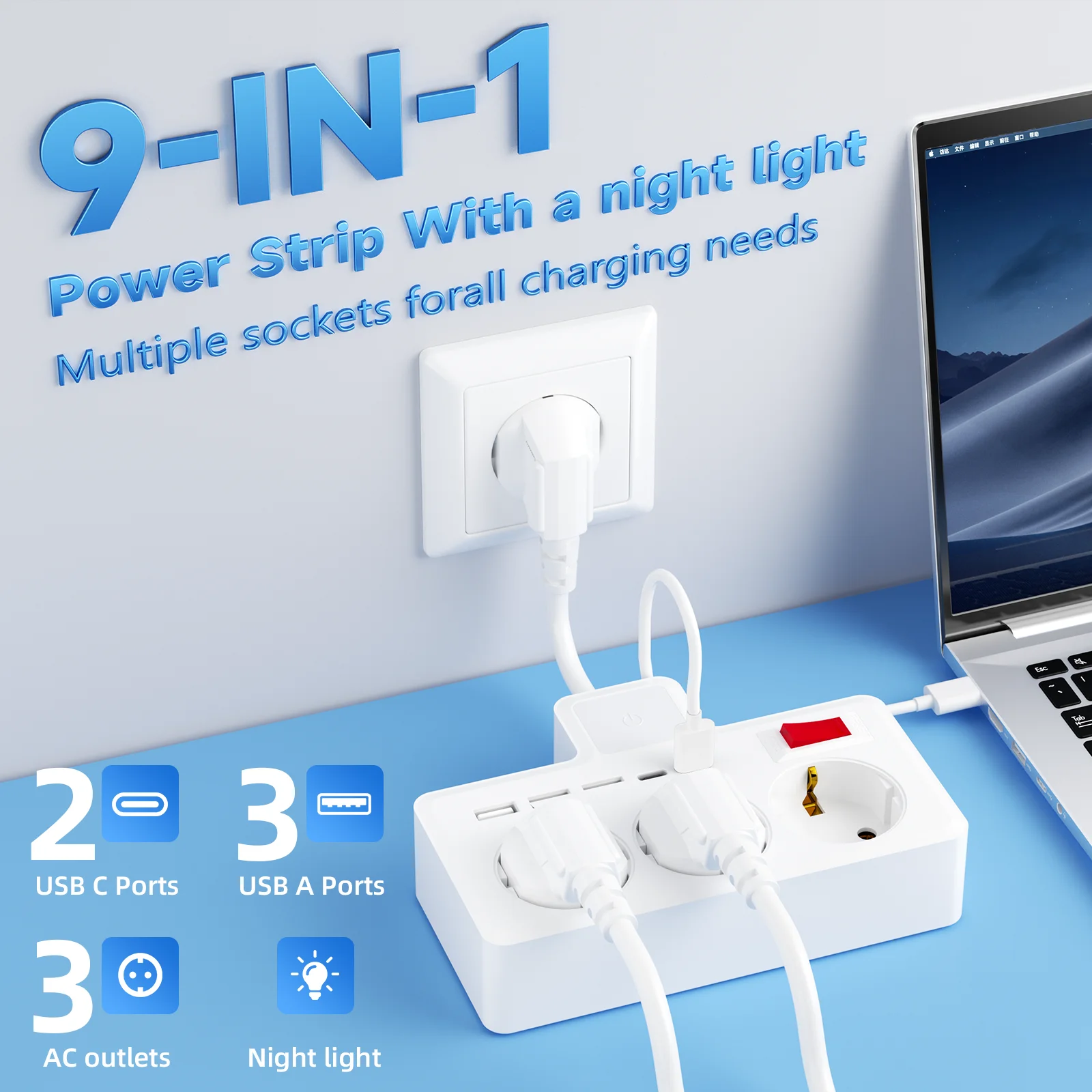 Portable 3-Socket Outlet with Master Switch 3 USB 2 Type-C Ports Night Light Feature for Dormitory Bedroom Living Room Travel