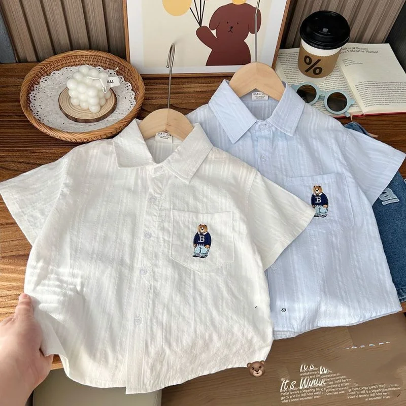 Korean Boys 2024 New Summer Short Sleeve Stylish Loose Casual Polo-Neck Button Screw Thread Cartoon Embroidery Shirt Tops