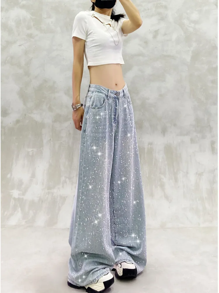 الرجعية الماس تصميم الجينز الساخن فتاة واسعة الساق عالية الخصر السراويل الطويلة الصيف أزياء جان كول لامعة حجر الراين ثنيات جينز غير رسمي #4