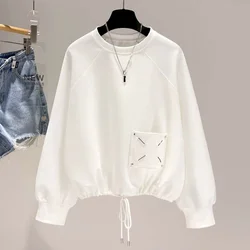 Design Pocket Pullovers Women Short Hem Drawstring Tops Spring Autumn Trend Pullover Korean Style Fashion Loose Sweatshirt Woman