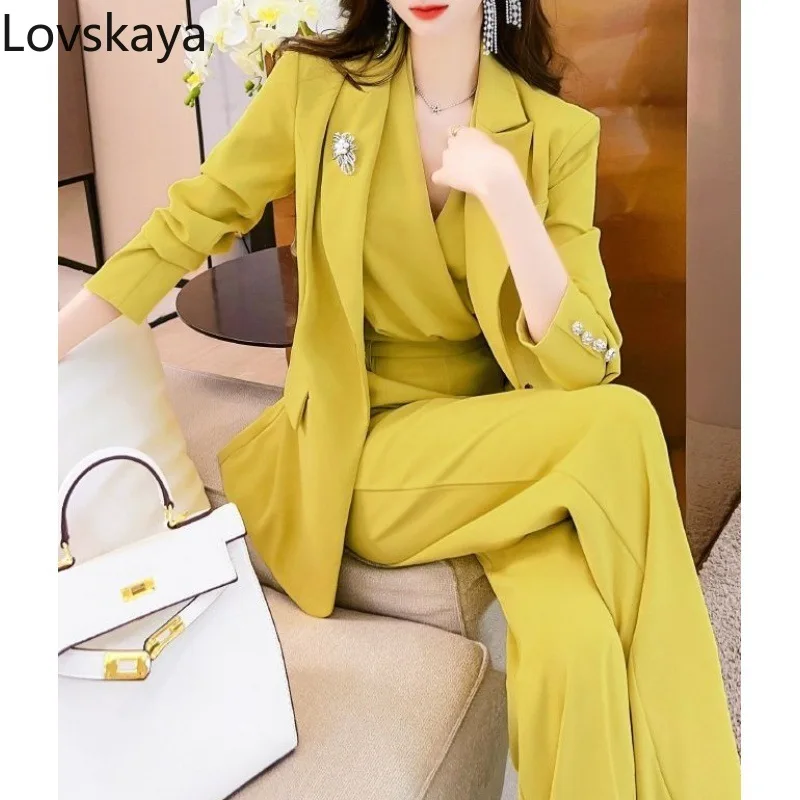 Temperament autumn new light luxury fashion professional suit hanging neck jumpsuit two-piece set