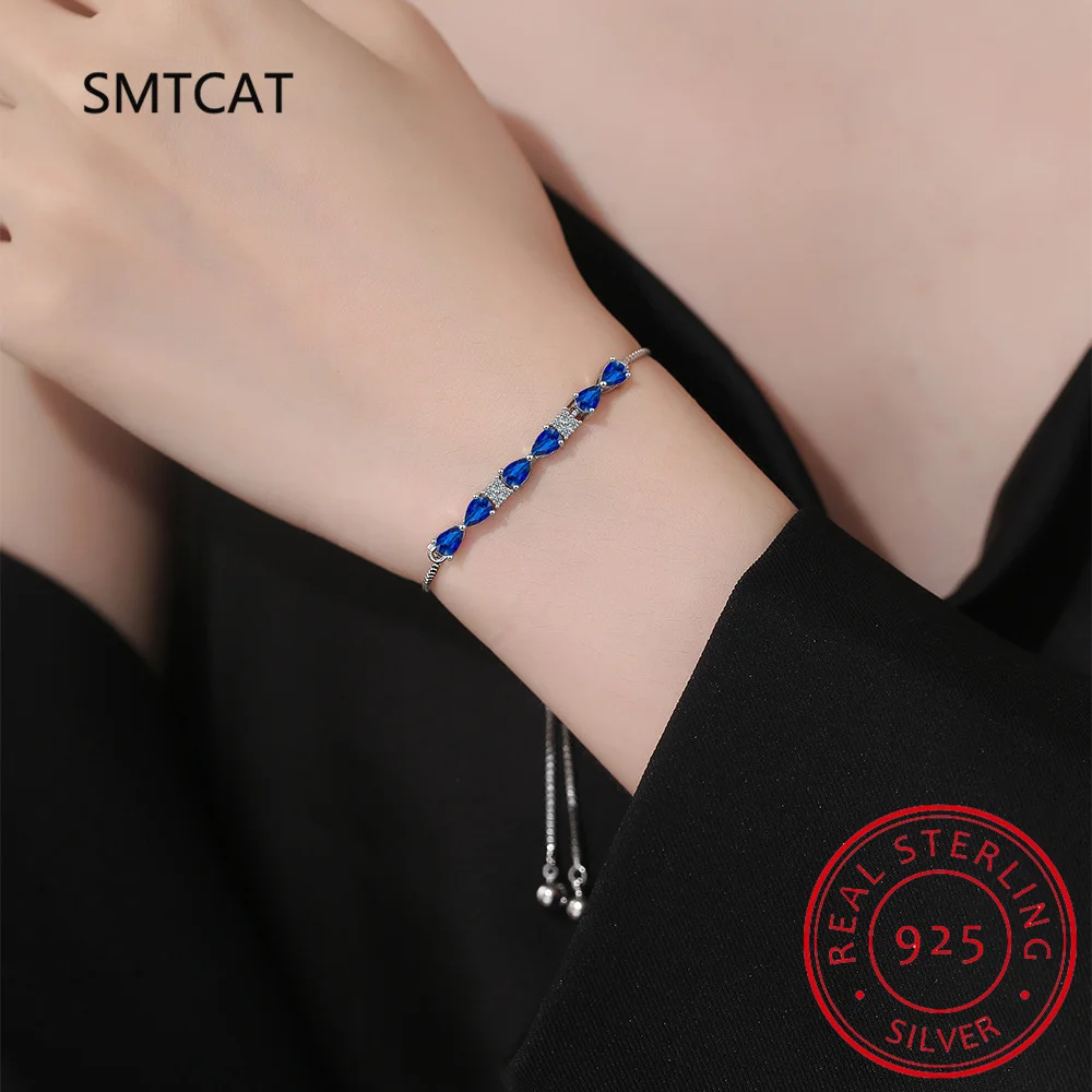 Pear Cut Blue Sapphire 925 Sterling Silver Bowknot Bracelet Adjustable for Women Statement Gemstone Jewelry Pulseiras De Prata