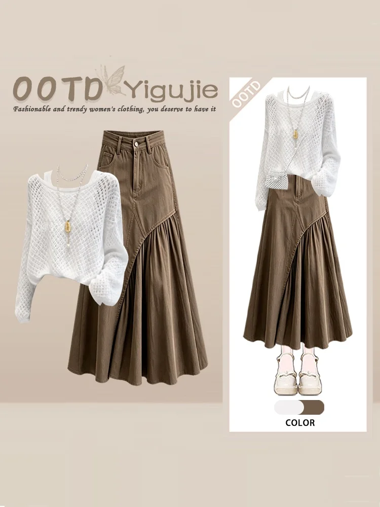 Fashionable Knitted Cover up Vest Top Women's Inner Wear High Waist  Skirt Three Piece Set Autumn Design Hollow out Style