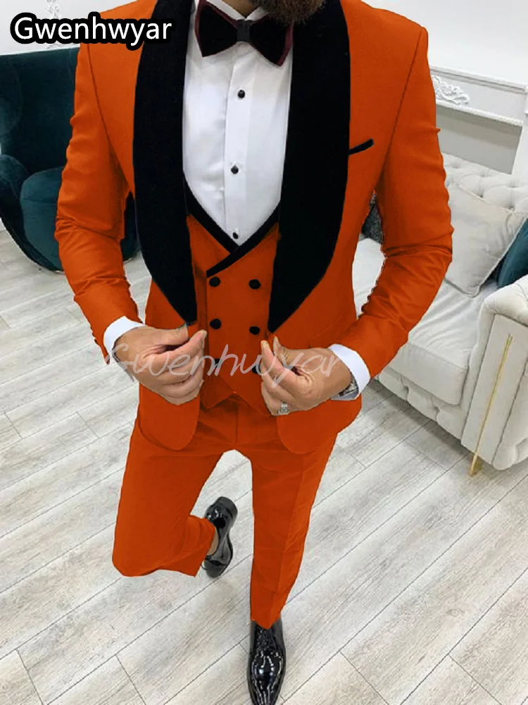 

Gwenhwyar Fashion New Orange Suit Dinner Men Suit Black Lapel Slim Fit Single Breasted Blazer 2022 Wedding Groom Tuxedo