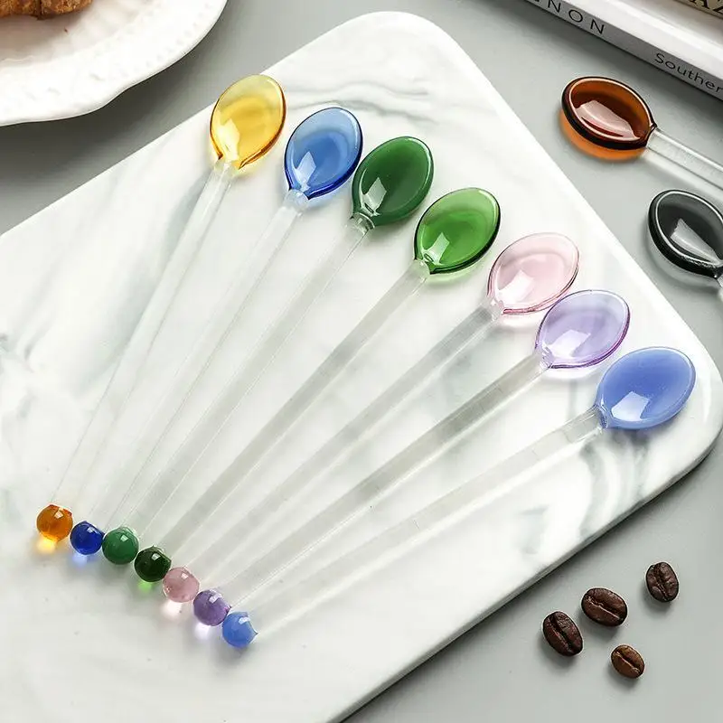 Colorful Transparent Glass Stirring Spoon Long Handle Heat Resistant Coffee Tea Dessert Mixing Tool