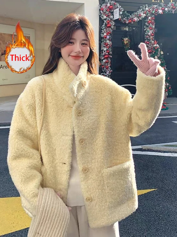 Cute Yellow Faux Lamb Coat Women Loose Sweet Winter Thick Warm Long Sleeve Kawaii Jacket Fashion Long Sleeve Stand Collar Tops