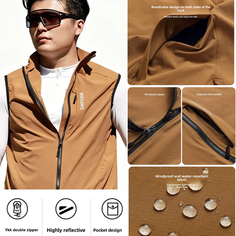WOSAWE Cycling Vest Summer Windproof 2 Way Zippers Water-repellent Cycling Windbreaker Sleeveless Men Women MTB Bicycle Gilet