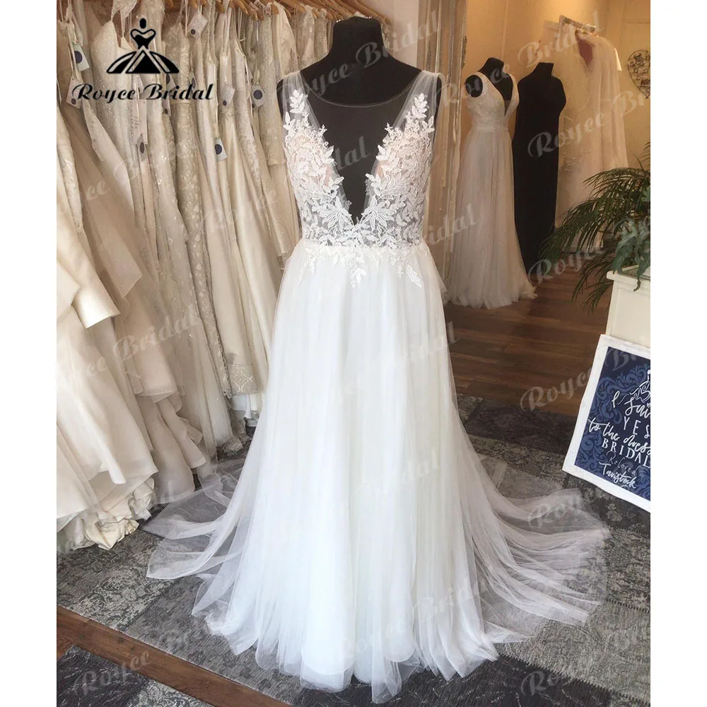 Vestido de novia bohemio de encaje con escote en V profundo para mujer, traje de novia con Espalda descubierta, 2024