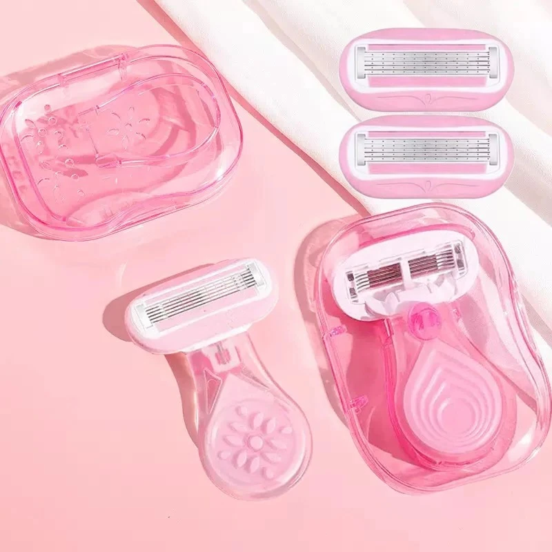 

Pink Women Razor for Travel Face Leg Bikini Body Hair Shaving with Protective Net Blade Lady Manual Shaver Set Portable Travelin