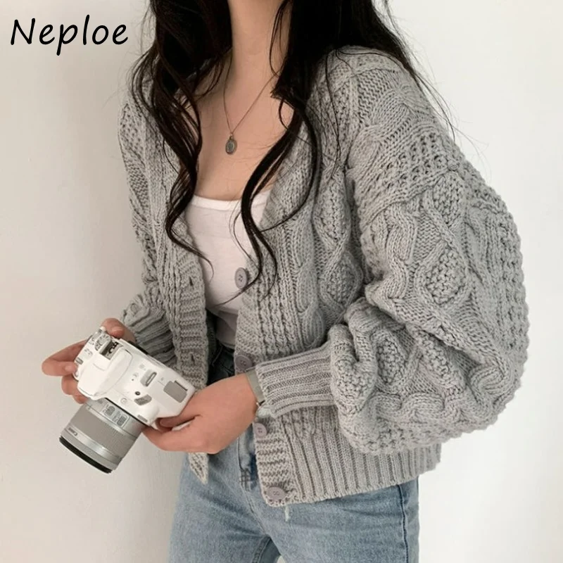 Neploe Loose Lantern Sleeve Twist Sweater Coat Female Autumn 2024 Korean Style Chic Knitted Cardigan Woman V-neck  Short Sweater