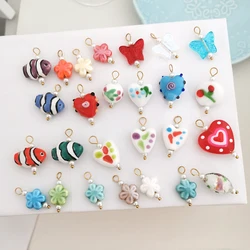 1pc QMHJE Ceramics Glass Pendant Charm Heart Flower Fish Cherry Handmade DIY Butterfly Necklace Stainless Steel Wholesale