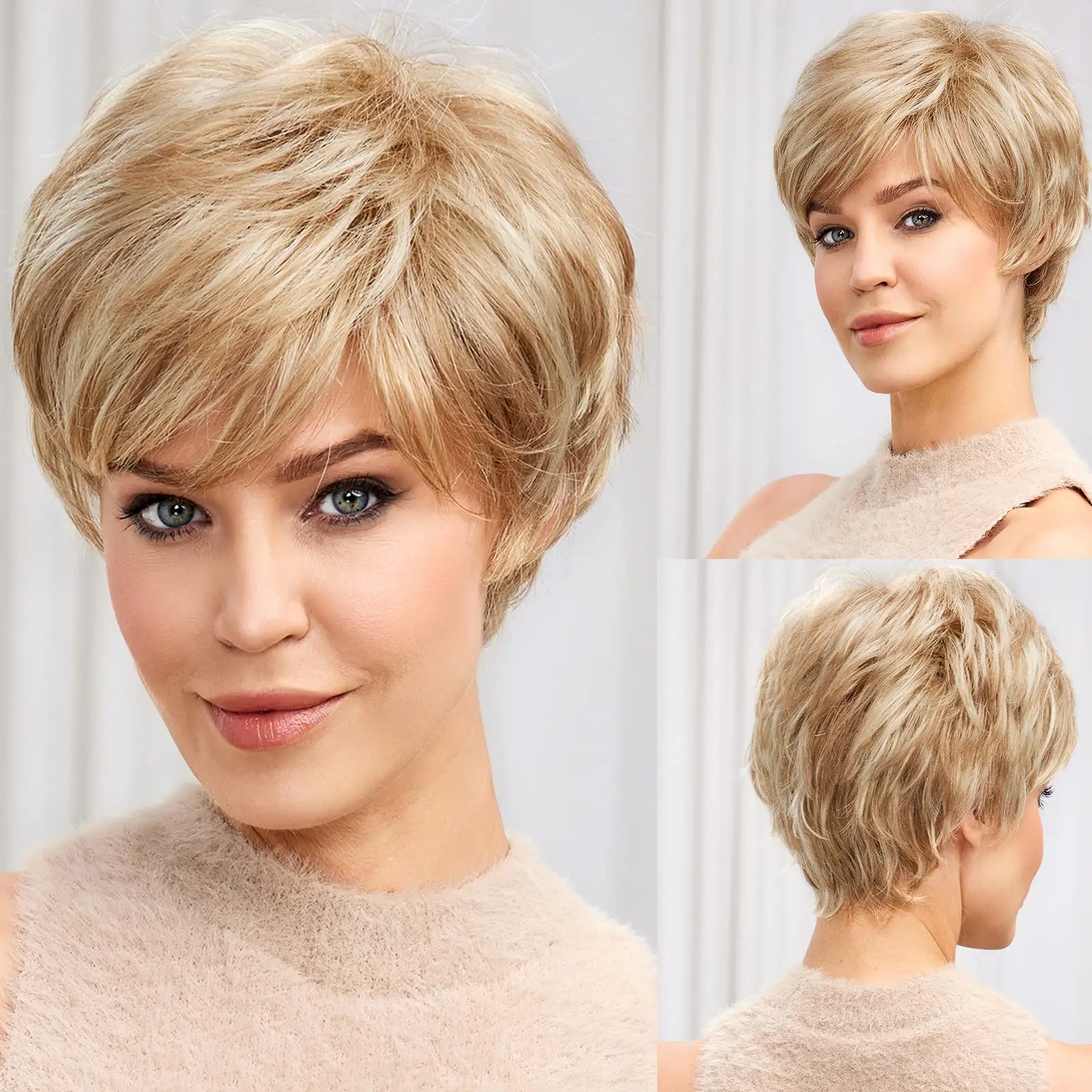 

Золотисто-русый канекалон, как человеческие волосы, синтетические парики для женщин, короткая стрижка пикси, натуральный многослойный парик из смеси волос, термостойкий