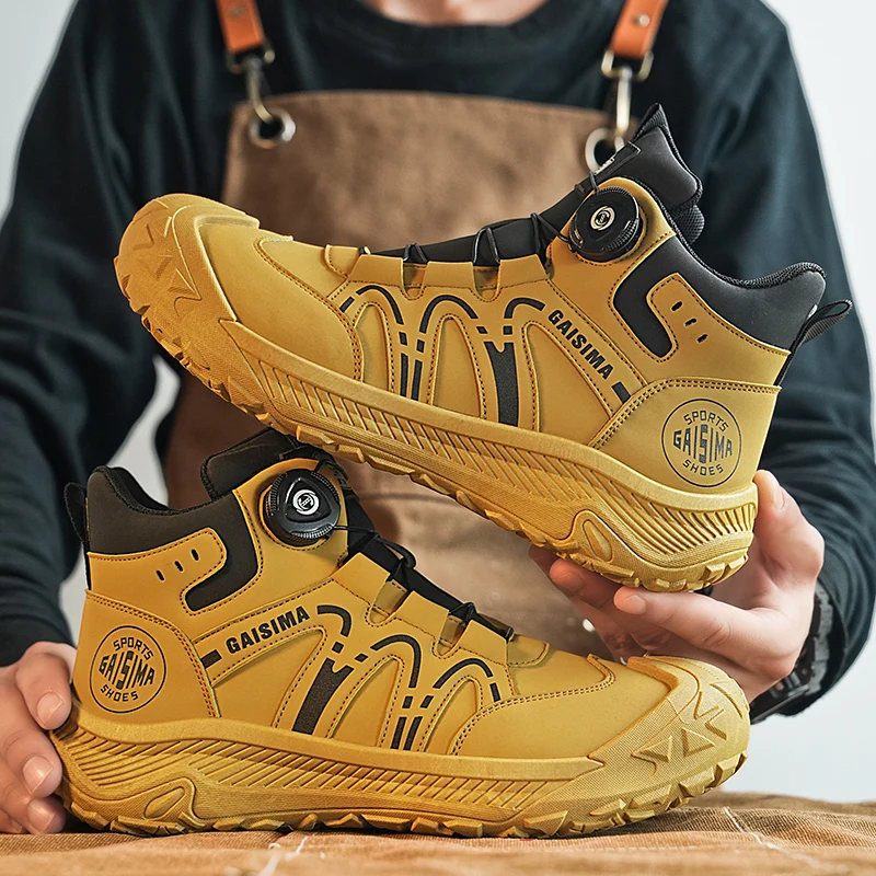 Botas de Moto amarillas de diseño para Hombre, botines de cuero de alta calidad para Hombre, Botas de trabajo al aire libre de otoño, Botas de senderismo para Hombre