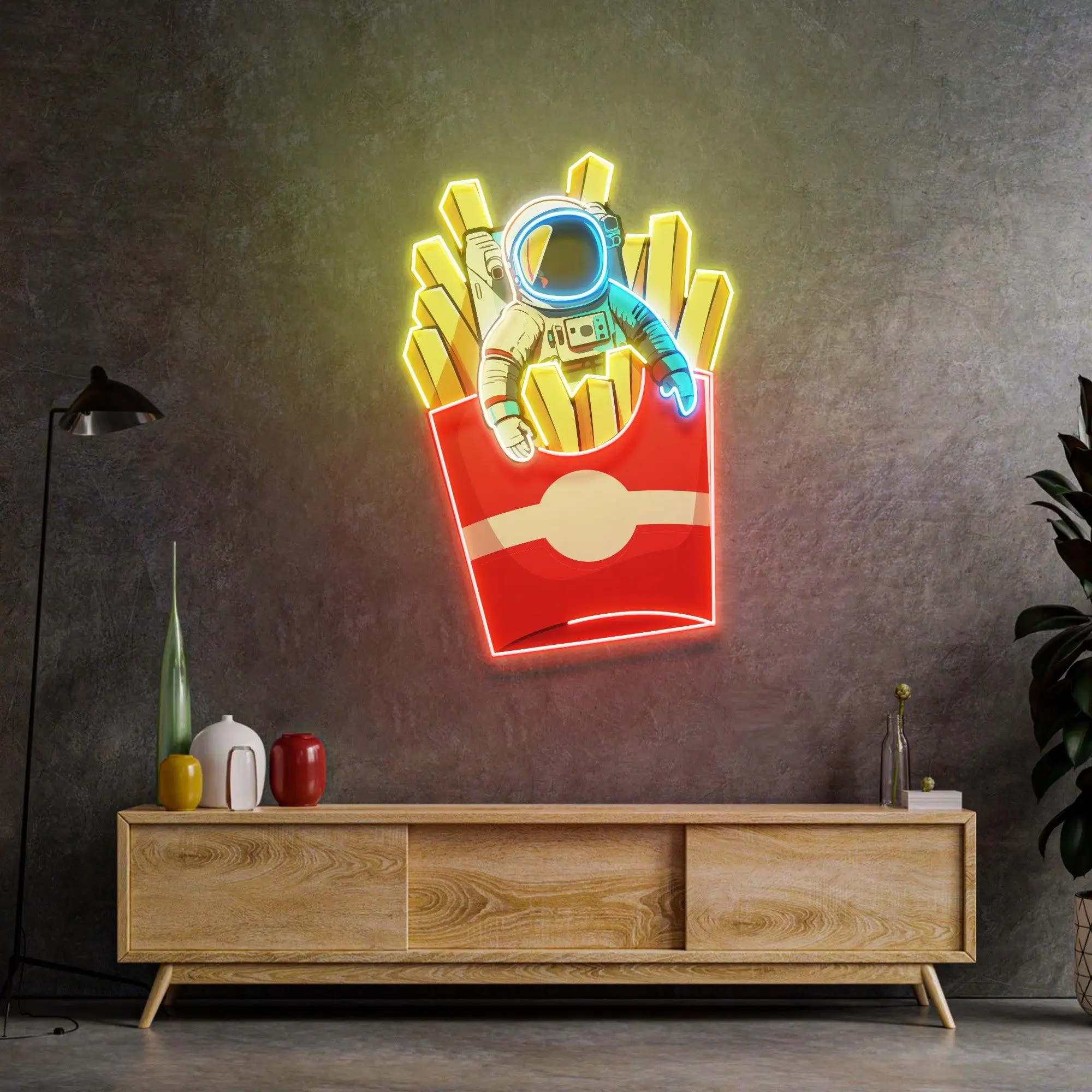 

Fries Food Neon Sign Cartoon Astronaut Sign Wall Art Decor Neon Acrylic Artwork for Kitchen Restaurant Bar Sign Club Neon Home