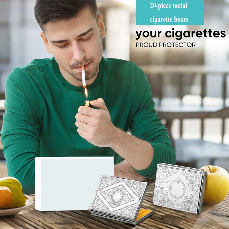 20 عبوة من صندوق سجائر محمول منقوش من الفولاذ المقاوم للصدأ مقاوم للضغط للرجال علبة سجائر سميكة للعادية #6
