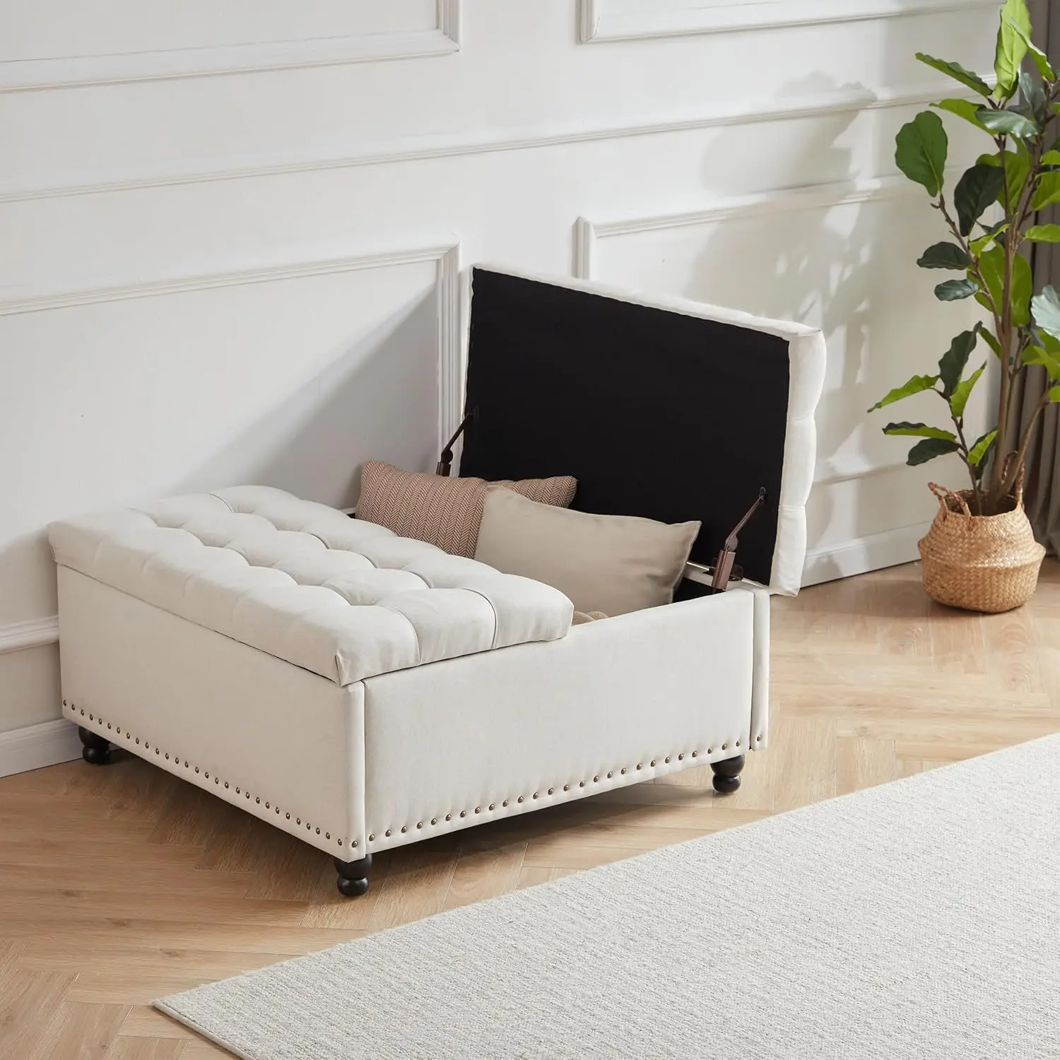 Large Square Storage Ottoman Bench, Tufted Upholstered Coffee Table Ottoman with Storage, Oversized Storage