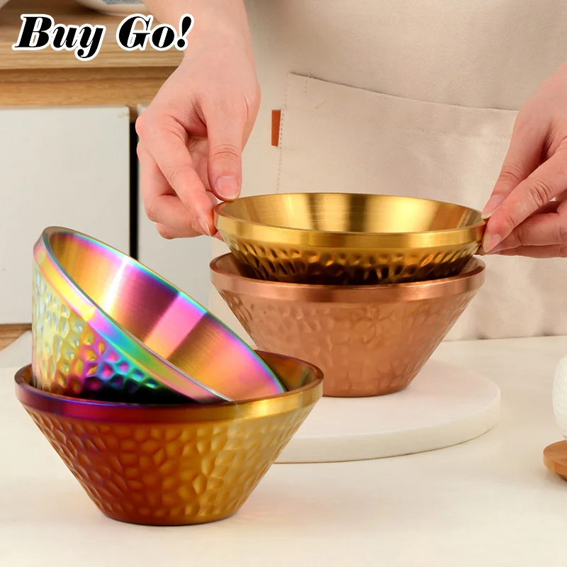 

1/2PCS Creative Stainless Steel Salad Ramen Noodles Bowl Korean Tableware Soup Fruit Golden Bowls Double Layer Kitchen Utensils