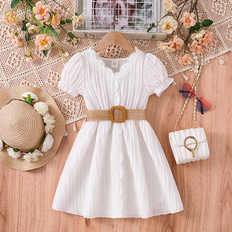 Dress For Kids Girls 4-12 Years Summer Girls White V-neck Puff Sleeves Dress & Woven Belt Casual Fashion Princess Dress