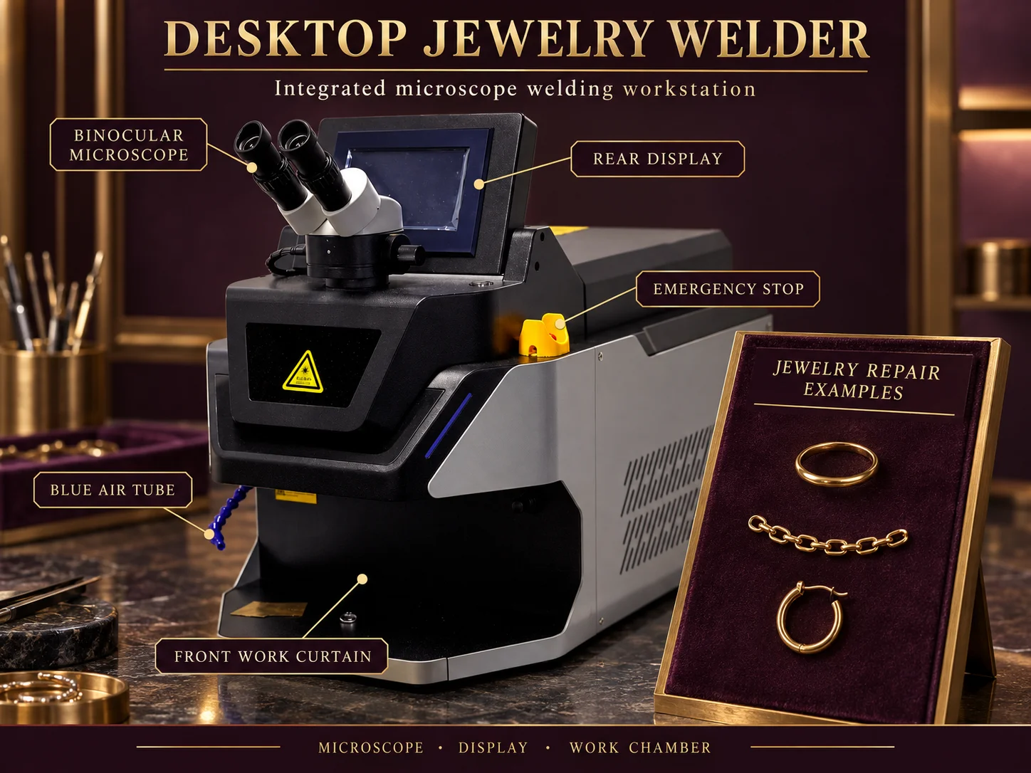 Jewelry Laser Repair Workstation DW200B with Binocular Microscope, Vented Housing and Emergency Stop