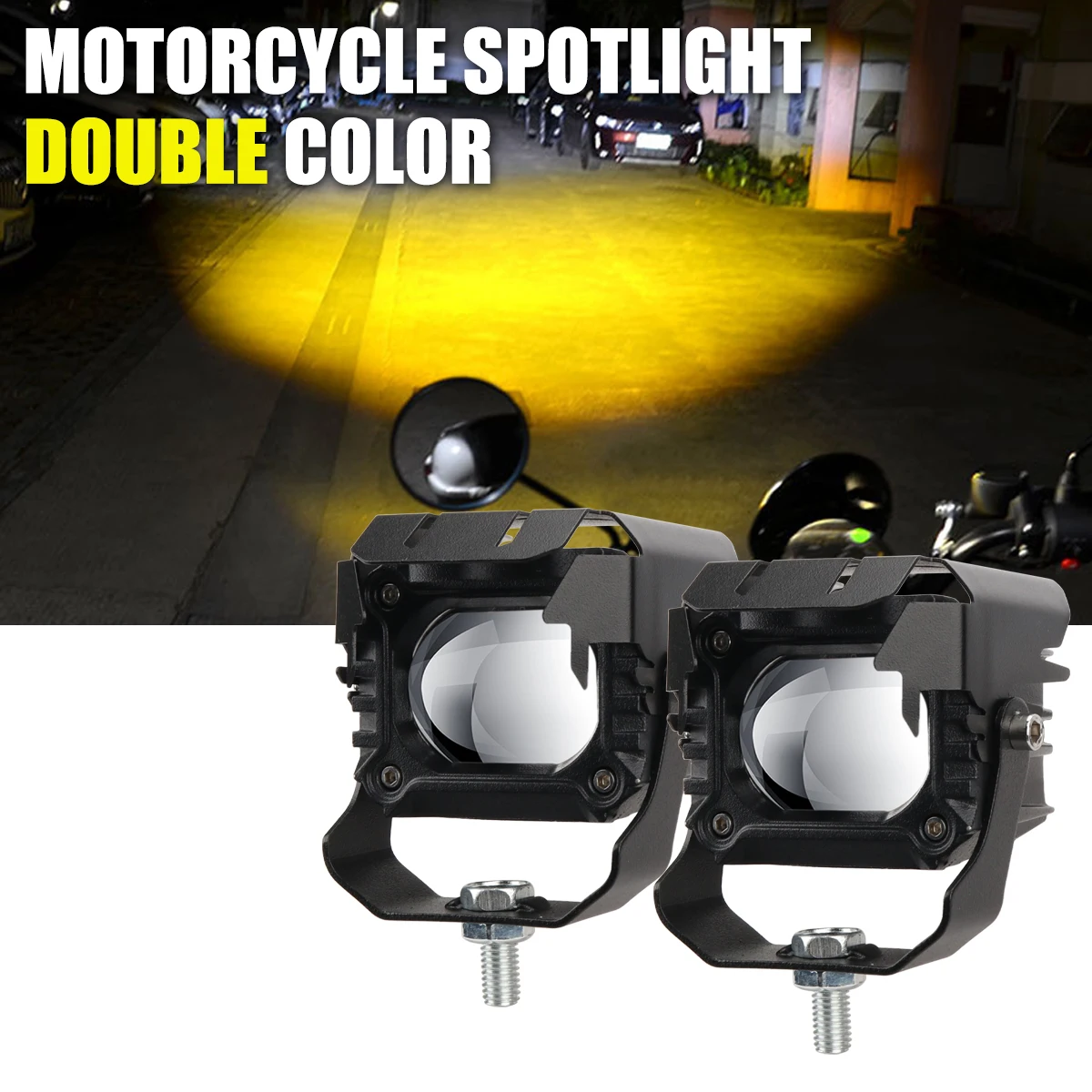 Motorcycle LED Lens Spotlight High Power Dual Color Hi Low Beam Headlight Fog Light for Motorbike Scooter Auxiliary Running Lamp