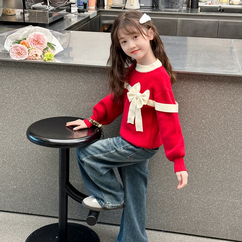 Lovely Baby Girl Sweater with A Bow Red Color Kids Cute Knitted Pullover Outerwear Child Slim Fit Knitwear 4 5 6 7 8 9 11 13 14Y