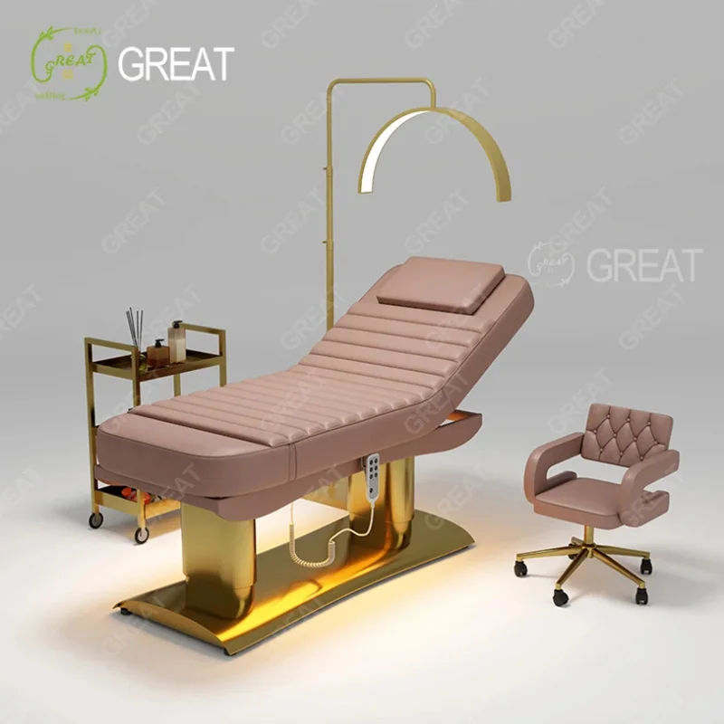 High-End Beauty Salon Furniture Brown Leather Cylinder Base Cosmetic Bed Massage Table With 4 Motor