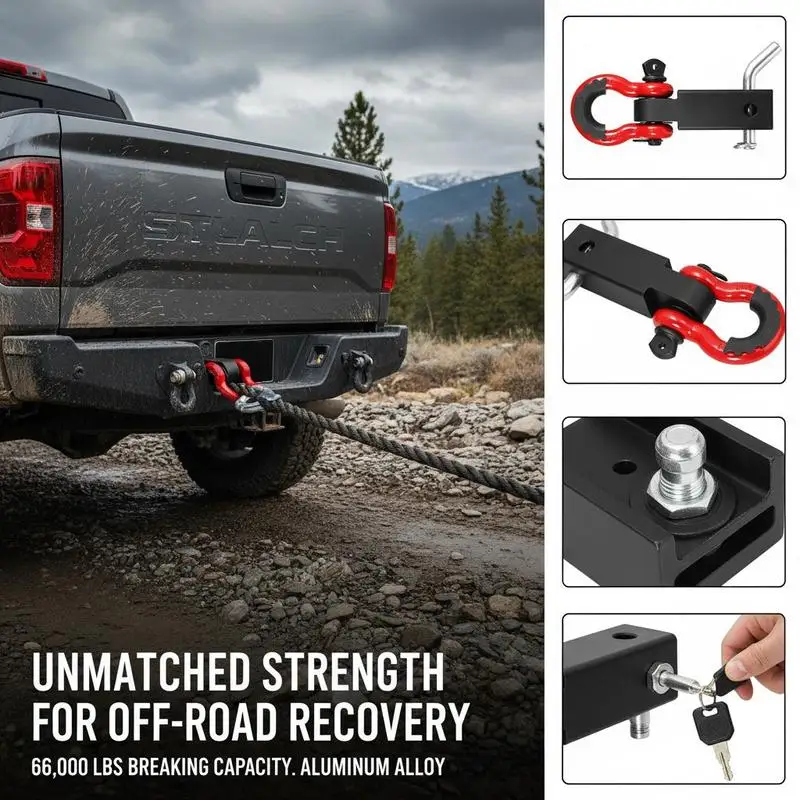 

Towing Receiver Bracket 2 Inch For Trucks Jeeps Off-Road Vehicles, 66000 lbs Breaking Strength D Ring Connector Heavy Duty Recovery Hook Aluminum Alloy Recovery Hitch Mount Trailer Lock Pin Accessory