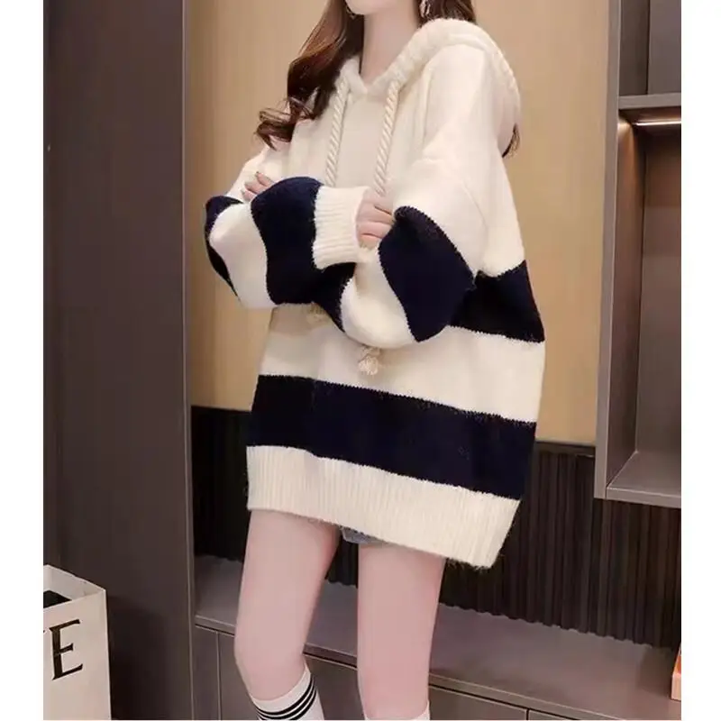 

Girl Winter Knitwear Loose Hooded Striped Knit Sweater Plus Size Jacket Tops Spring Autumn Casual Cozy Clothes Women Sweaters
