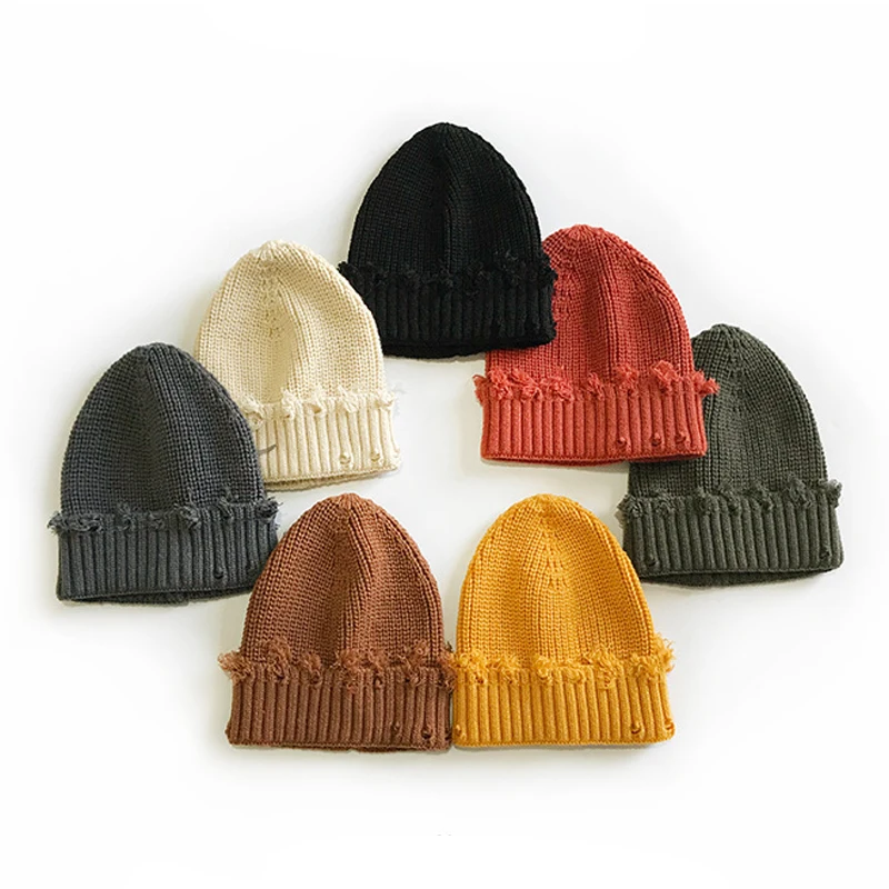 Children's Personalized Fashion Broken Hole Knitted Warm Ripped Knitted Hat Korean Hip-hop Elastic Skullies Beanie Cap Winter