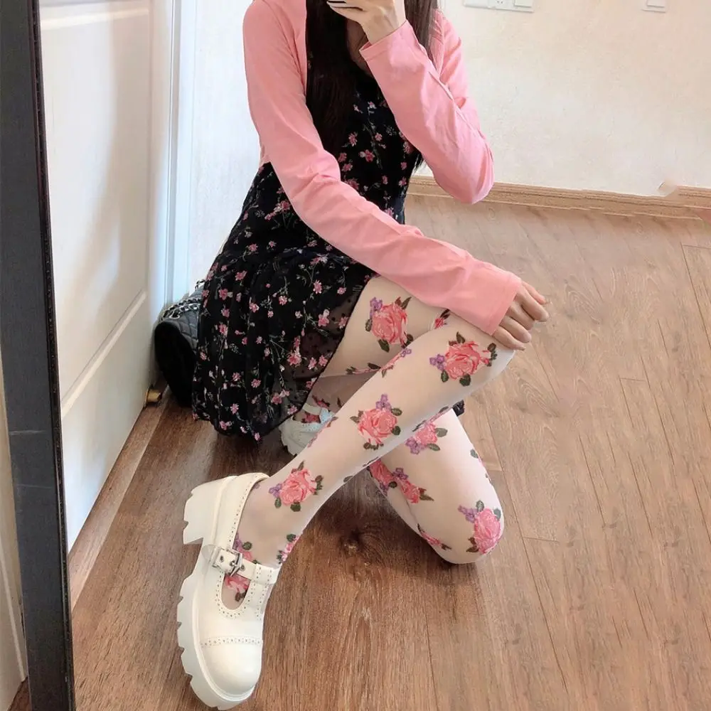 ถุงน่องลายปักลูกไม้สไตล์โลลิต้า สีชมพู/ดำ ลายดอกกุหลาบ ถุงน่องตาข่ายบาง สำหรับผู้หญิง