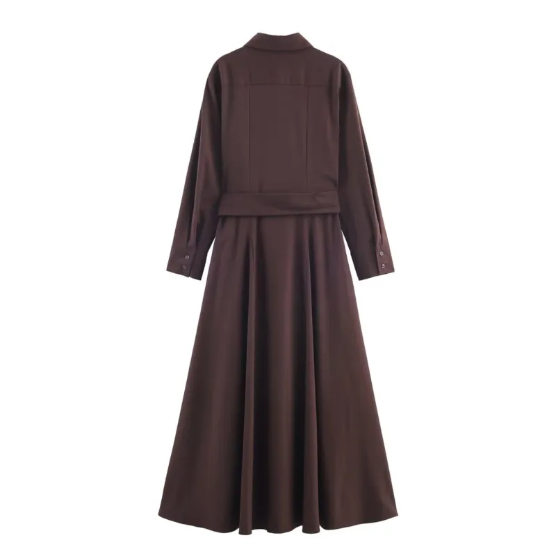 HipSeam Damen Midi-Hemdkleid mit Gürtel, Herbst, Umlegekragen, Knopf, langes Damenkleid, plissierter Saum, weibliche schicke Kleider