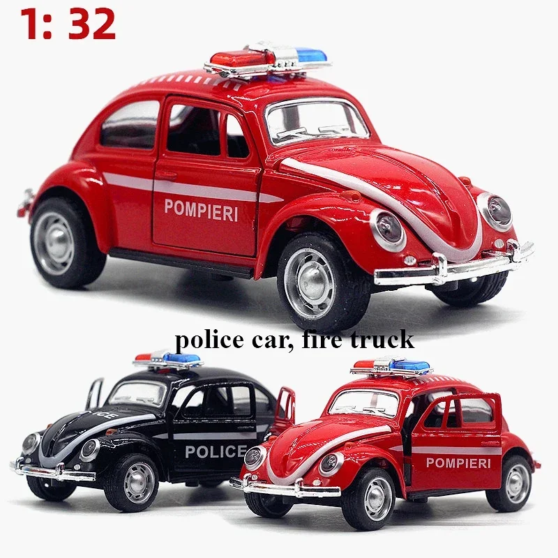 Coche de policía Volkswagen Beetle de aleación 1:32, camión de bomberos, modelo de coche regenerativo, juguete para niños, regalo de cumpleaños