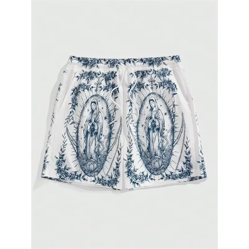 3D Printed Men Women Sports Quick Dry Breathable T Shirt Virgin Mary Print Beach Shorts Holiday Casual Fashion Loose Swimwear